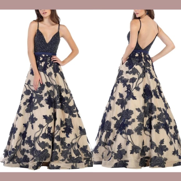 NEW $334 May Queen [‎ 14 ] Embellished Plunging V-neck A-line Gown in Navy - Picture 1 of 15